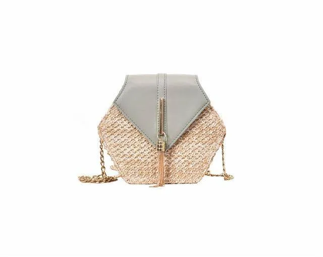 Hexagon Multi Style Straw Leather Handbag Women Summer Rattan Bag Handmade Woven