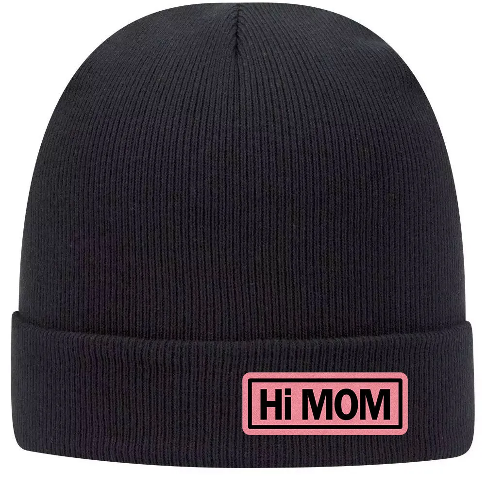 Hi Mom Leatherette Patch Superior Cotton Blend 12" Classic Knit Cuff Beanies for Women