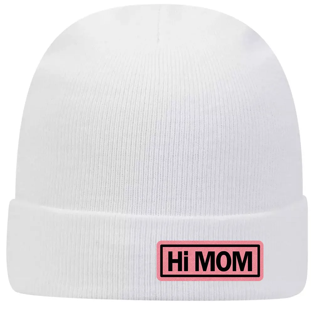 Hi Mom Leatherette Patch Superior Cotton Blend 12" Classic Knit Cuff Beanies for Women