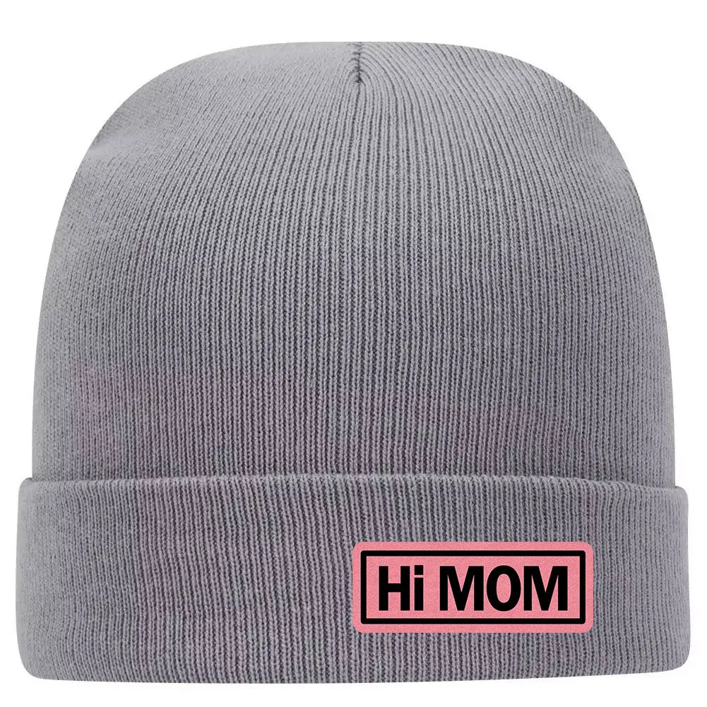 Hi Mom Leatherette Patch Superior Cotton Blend 12" Classic Knit Cuff Beanies for Women