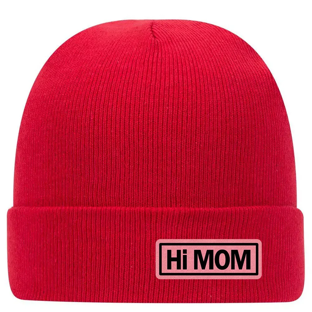 Hi Mom Leatherette Patch Superior Cotton Blend 12" Classic Knit Cuff Beanies for Women