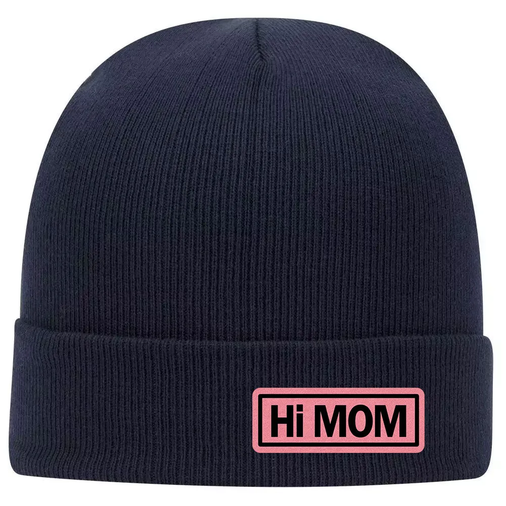 Hi Mom Leatherette Patch Superior Cotton Blend 12" Classic Knit Cuff Beanies for Women