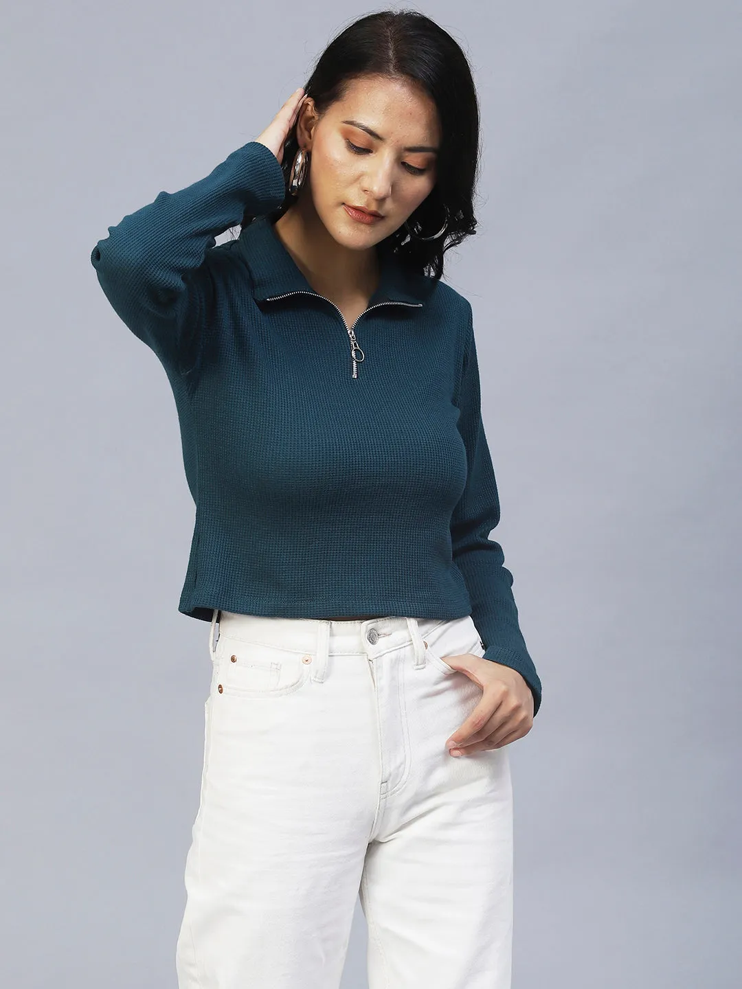 High Collar Half Zipper Waffle Knit Top