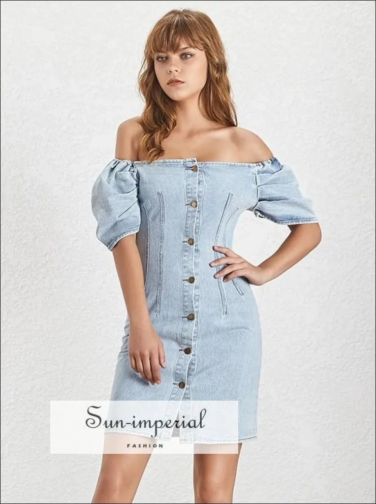 Hilton Dress -casual Solid Denim Dress Women Square Collar Puff Sleeve Slim Button Mini Dresse