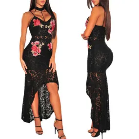 Hollow Out Black Rose Floral Lace Strappy Midi Dress