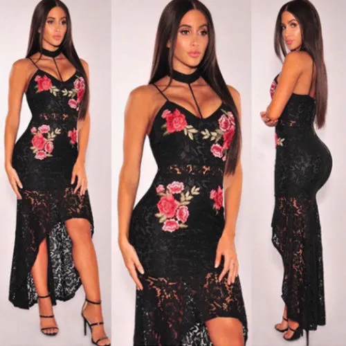 Hollow Out Black Rose Floral Lace Strappy Midi Dress