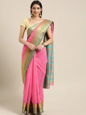 Ishin Chanderi Cotton Pink Solid With Golden Zari Border Women's Saree/Sari