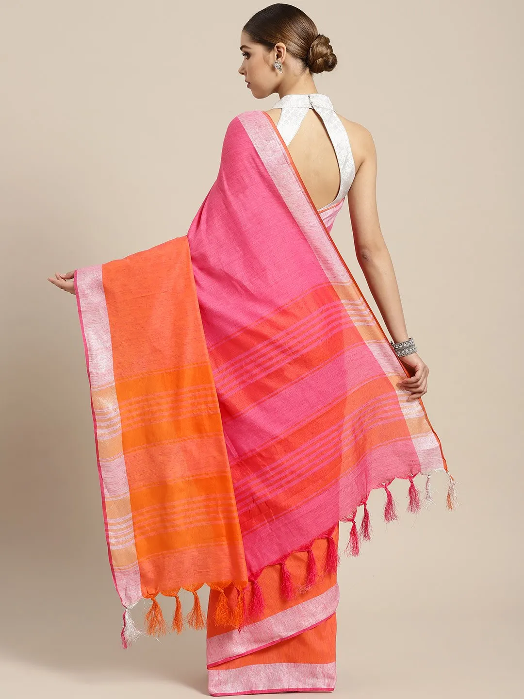 Ishin Cotton Orange & Pink Half & Half Solid Women's Saree With Tassels