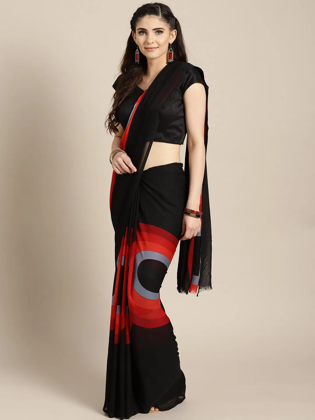 Ishin Poly Georgette Black Printed Women's Saree