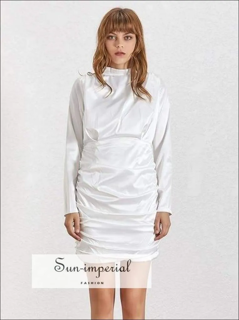 Jayleen Dress- Summer Solid Ruched Mini Dress for Women Turtle Neck Collar Long Sleeve High Waist