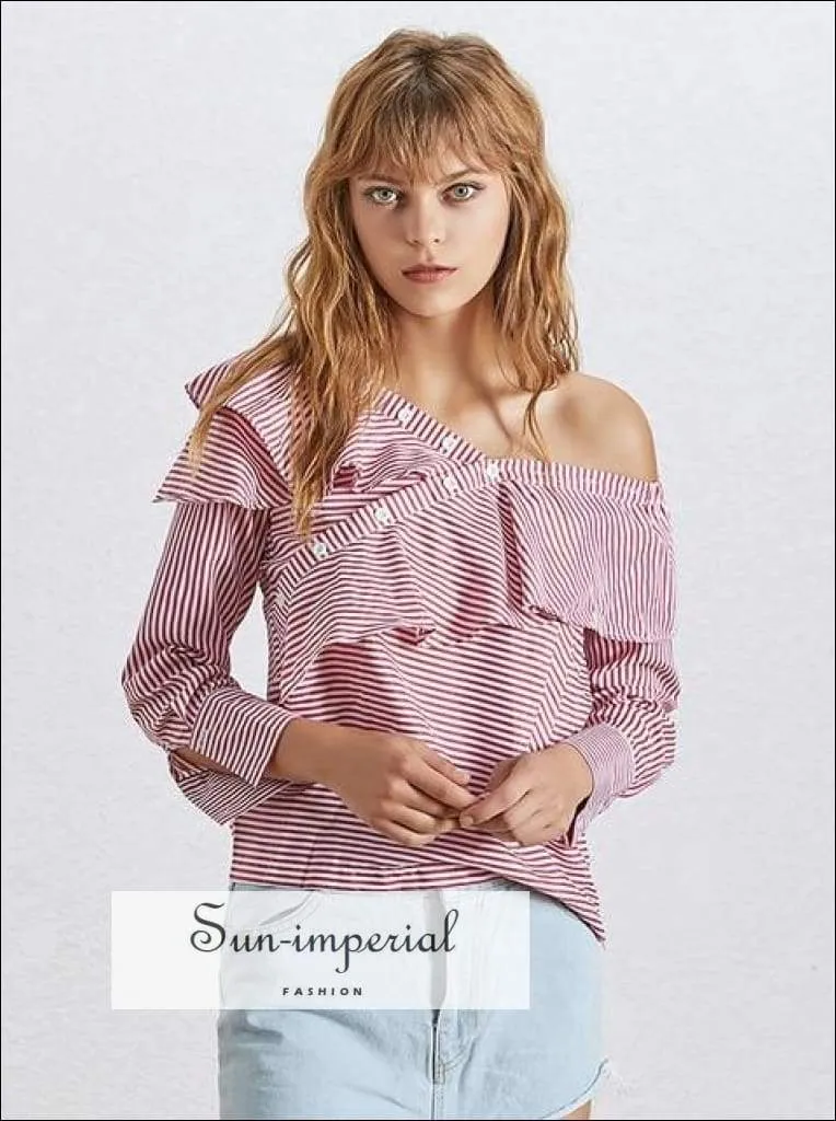 Jillian top - off Shoulder Skew Collar Women Shirt Ruffle Long Sleeve Striped Blouse