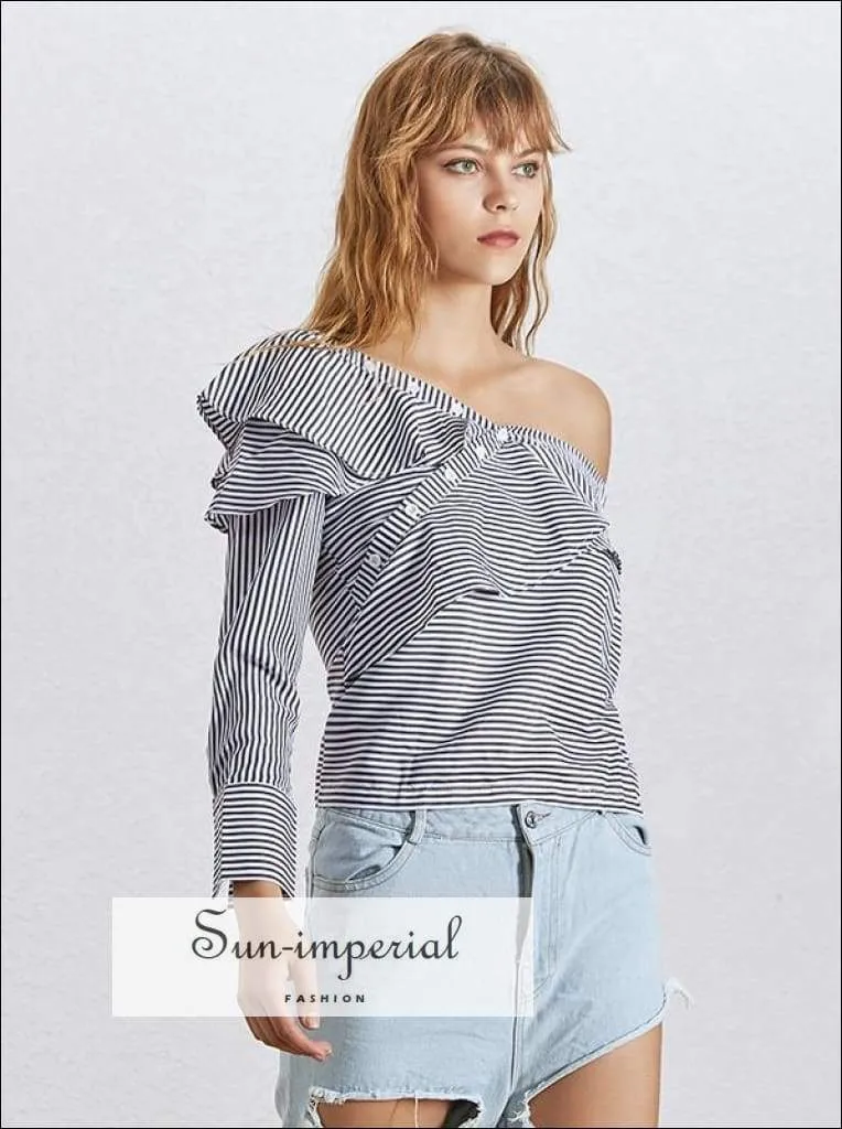 Jillian top - off Shoulder Skew Collar Women Shirt Ruffle Long Sleeve Striped Blouse