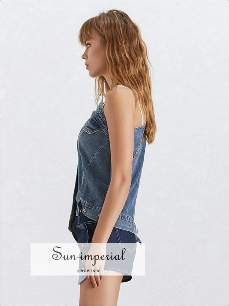 Kent Denim Jacket- One Shoulder Denim Jacket for Women Long Sleeve Asymmetrical side Split top