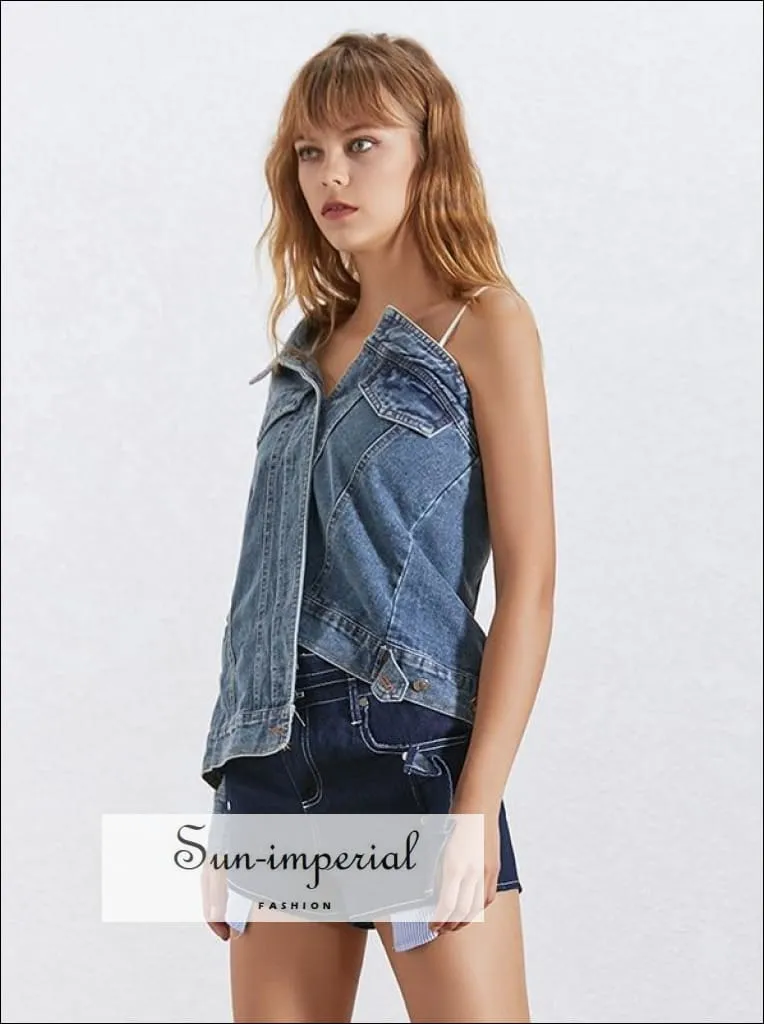 Kent Denim Jacket- One Shoulder Denim Jacket for Women Long Sleeve Asymmetrical side Split top