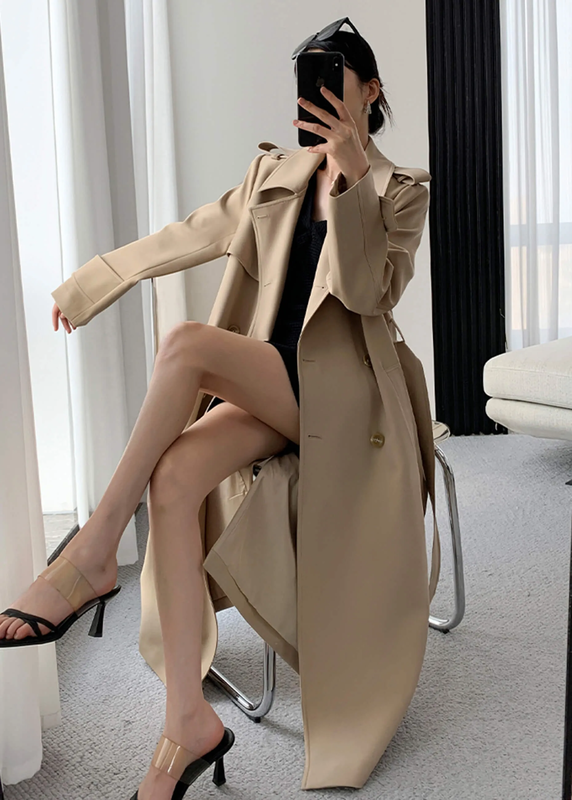 Khaki Long Trench Coat,Double Breasted Duster Coat