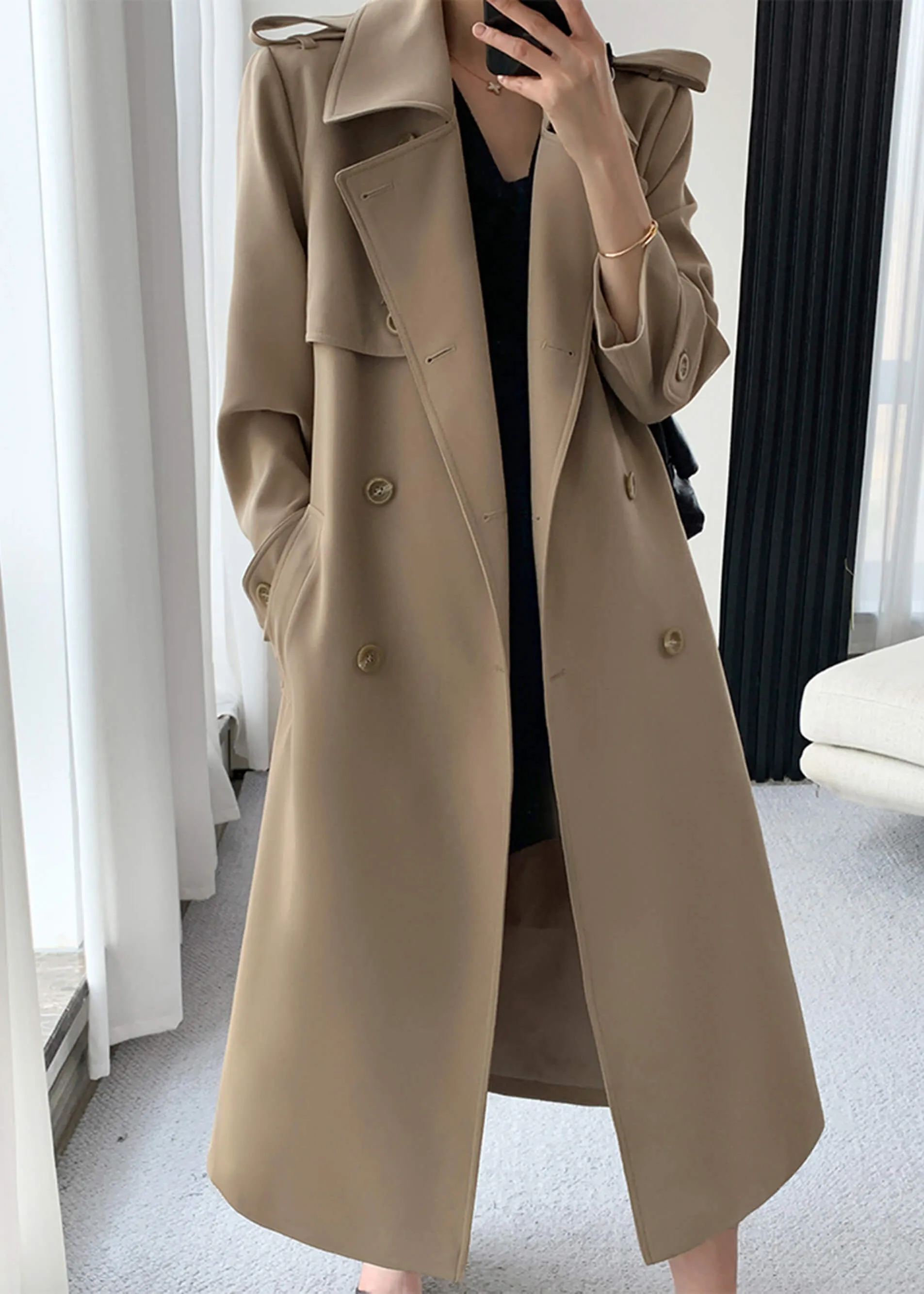 Khaki Long Trench Coat,Double Breasted Duster Coat