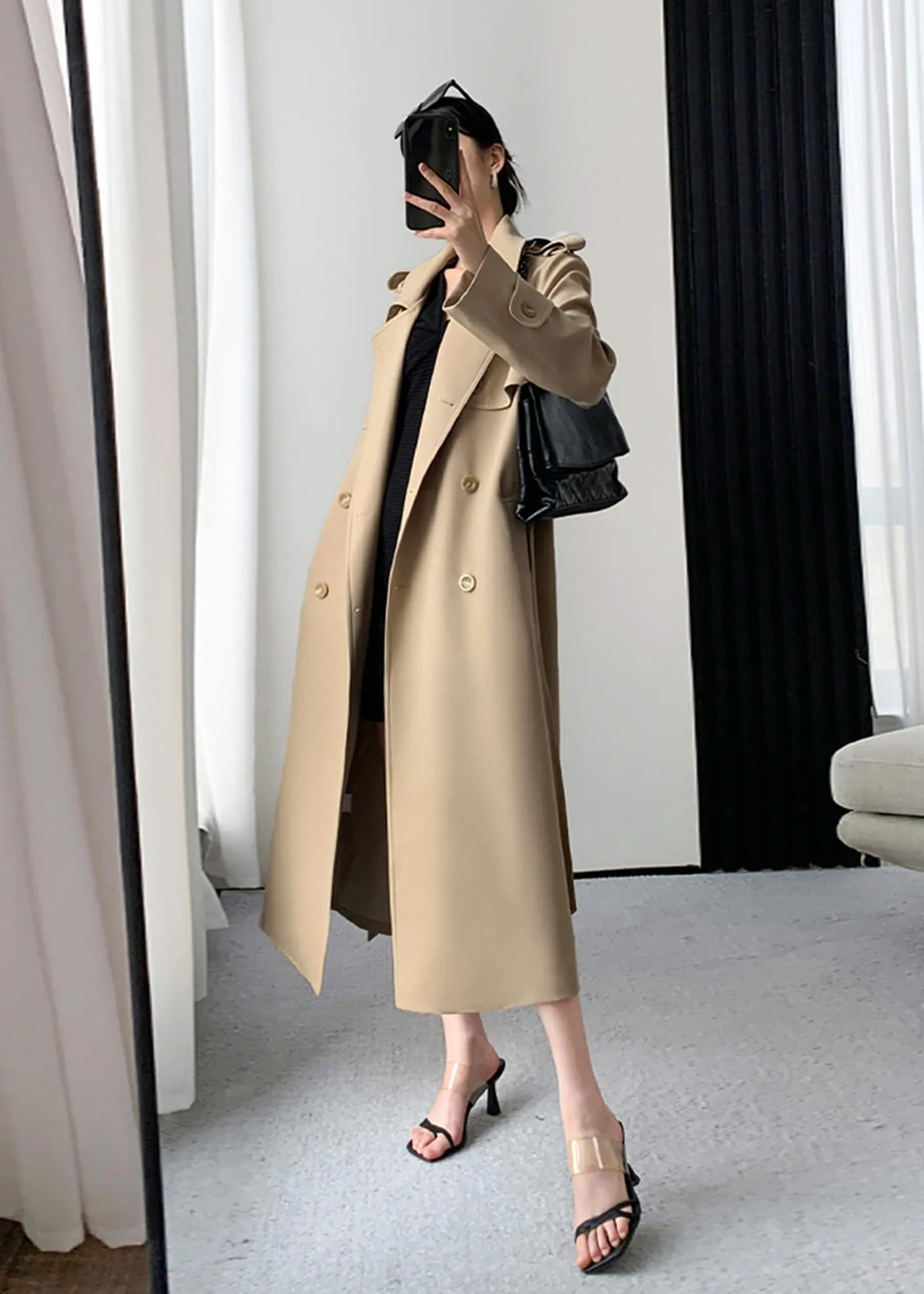 Khaki Long Trench Coat,Double Breasted Duster Coat