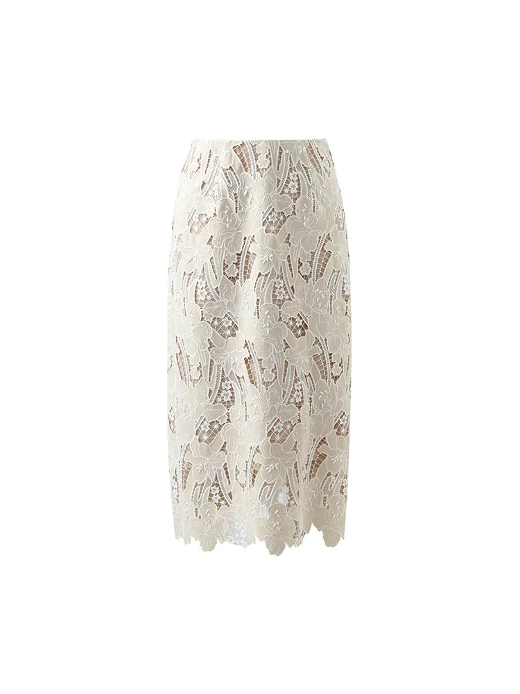 Lace Floral-Shaped Openwork Slit Women Half Skirt