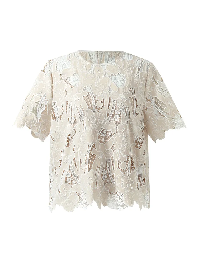 Lace Floral-Shaped Openwork Women Blouse With Bottomed Camisole