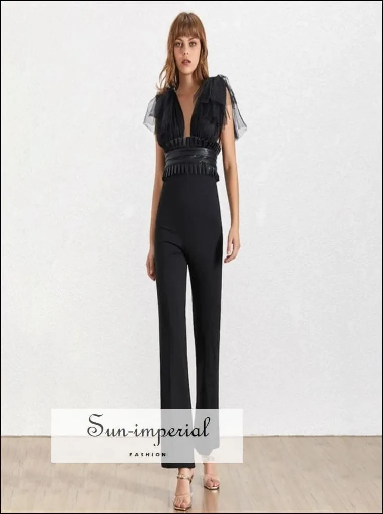 Le Havre Jumpsuit -women Solid Black and White Vintage Mesh Tie Strap Deep V Neck Sleeveless High