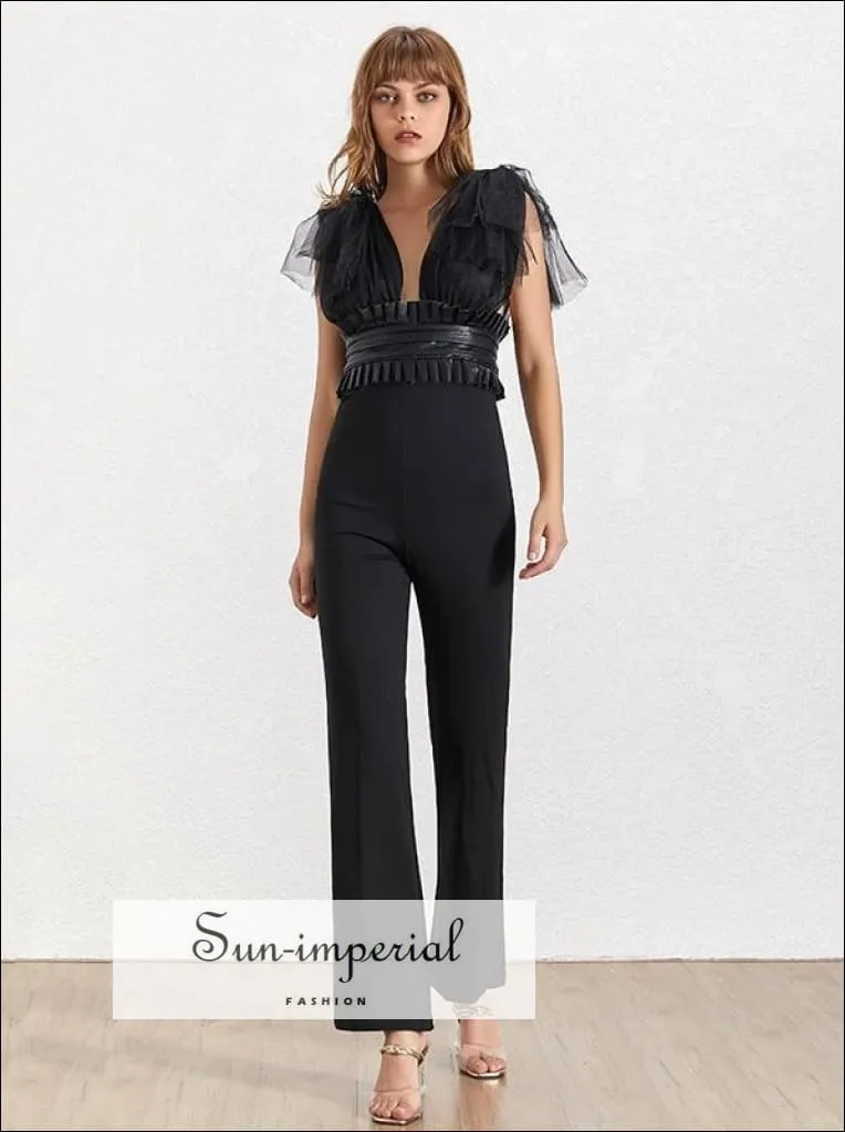 Le Havre Jumpsuit -women Solid Black and White Vintage Mesh Tie Strap Deep V Neck Sleeveless High