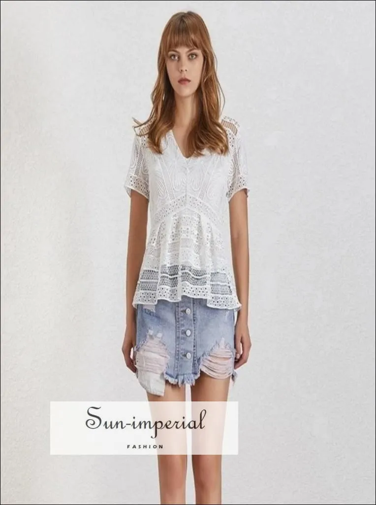 Leslie top - Women Lace White Blouse V Neck Short Sleeve