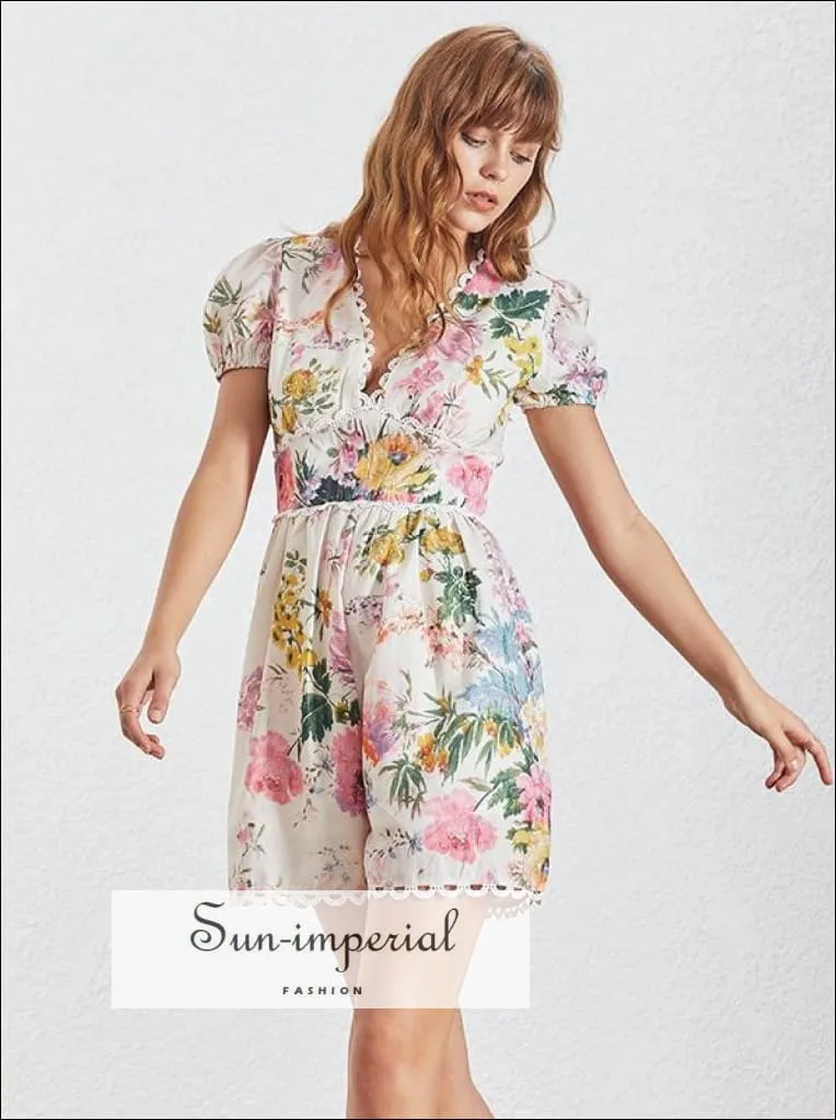 Lia Romper - Women Short Sleeve Floral Short Romper V Neck