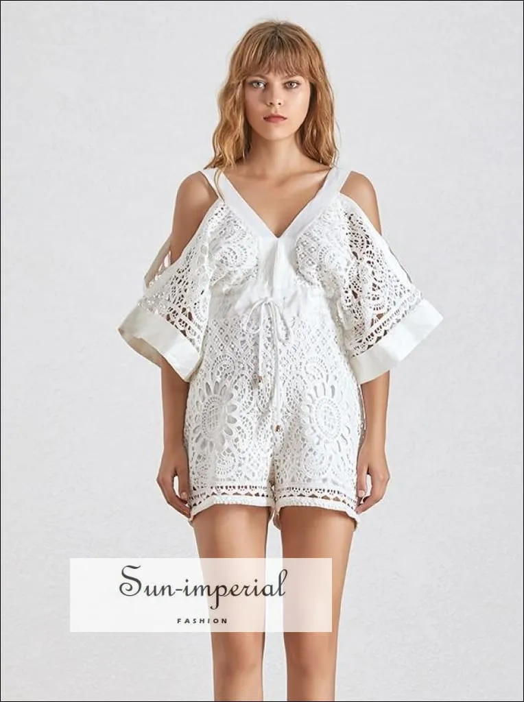 Limoges Romper - White Lace Short V Neck Cold Shoulder Backless High Waist Jumpsuit