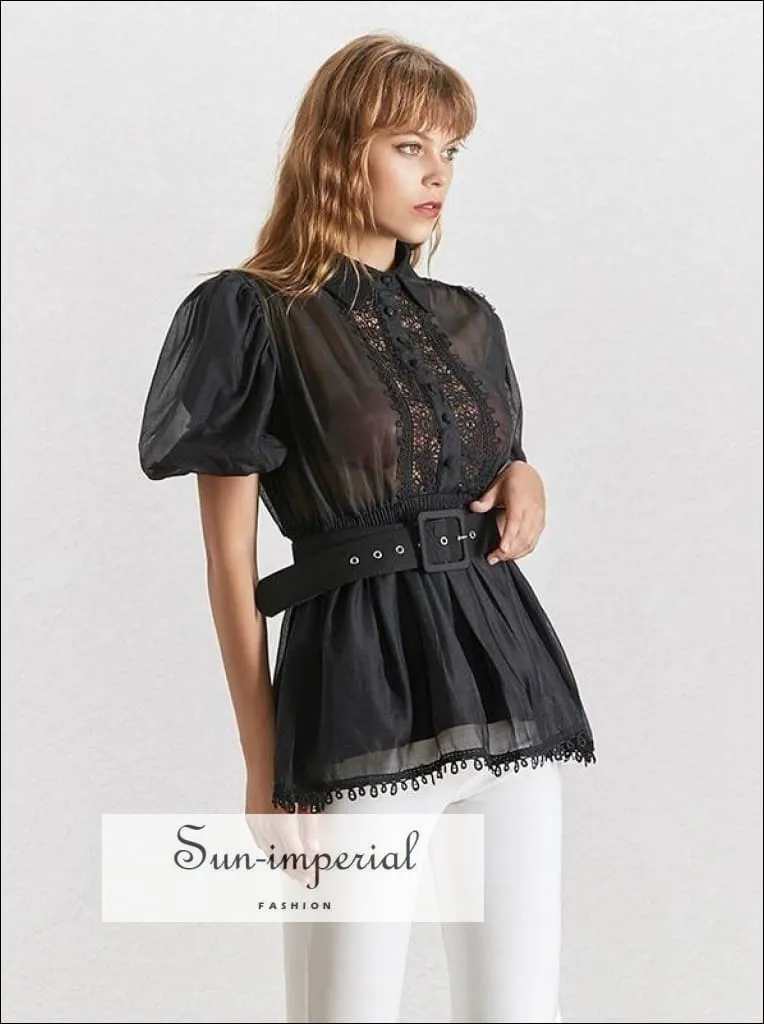 Lisa top -  White Elegant Sheer Belted Women Blouse Lapel Collar Short Puff Sleeve Chiffon Top