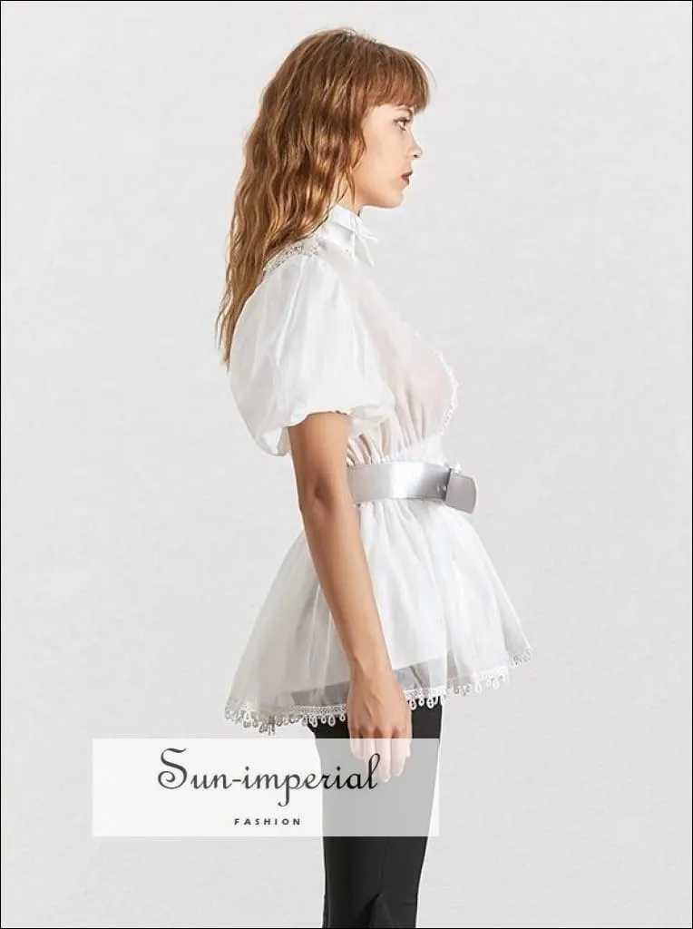 Lisa top -  White Elegant Sheer Belted Women Blouse Lapel Collar Short Puff Sleeve Chiffon Top