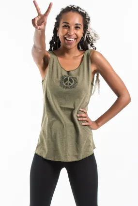 Loose Soft Vintage Style Women's Tank Tops Peace Sign Olive