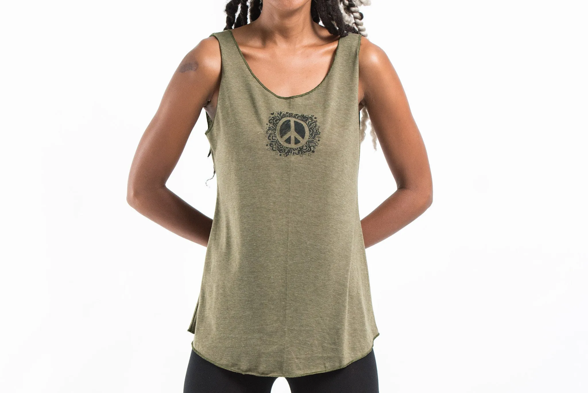 Loose Soft Vintage Style Women's Tank Tops Peace Sign Olive