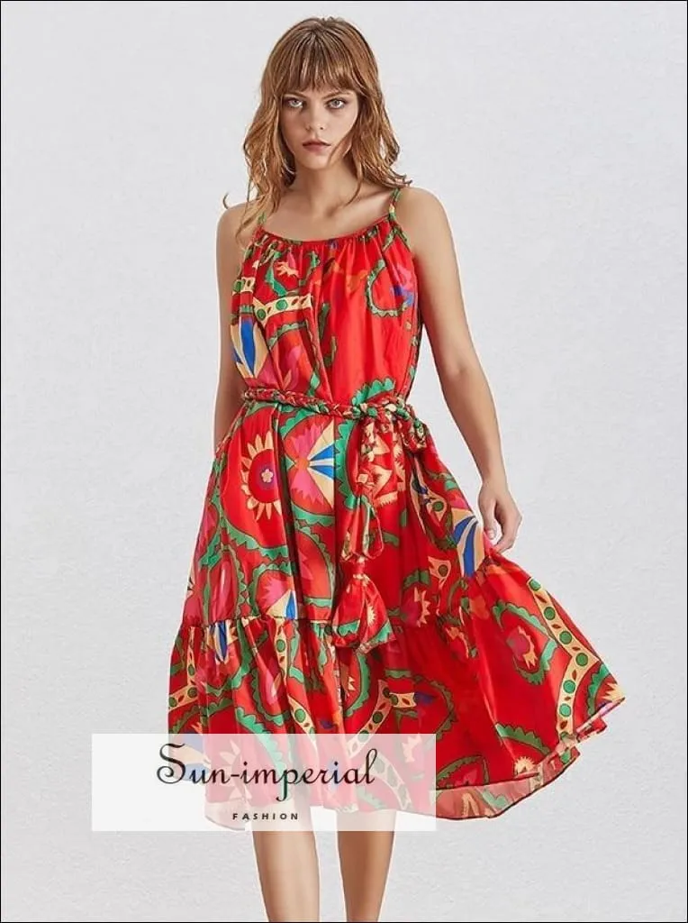 Lyon Dress- Printed Tie Waist Loose Slit Women Dress Sleeveless Midi Dress