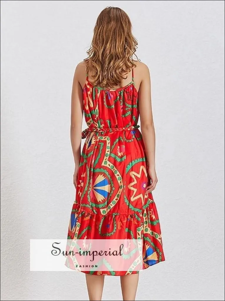 Lyon Dress- Printed Tie Waist Loose Slit Women Dress Sleeveless Midi Dress