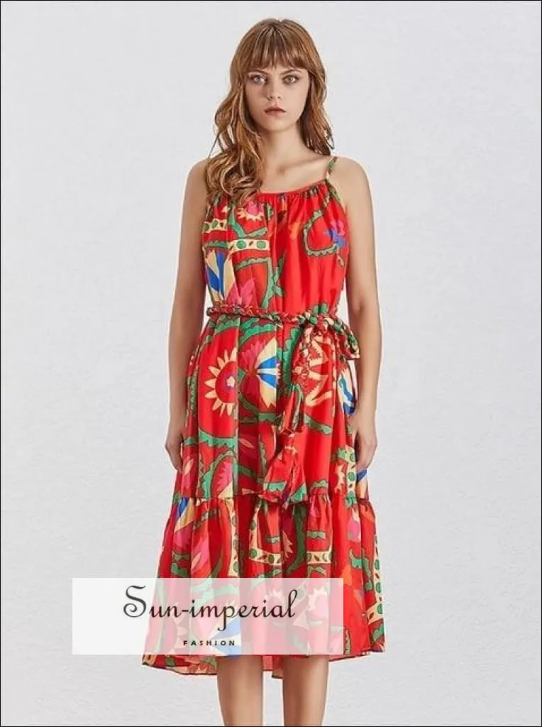 Lyon Dress- Printed Tie Waist Loose Slit Women Dress Sleeveless Midi Dress