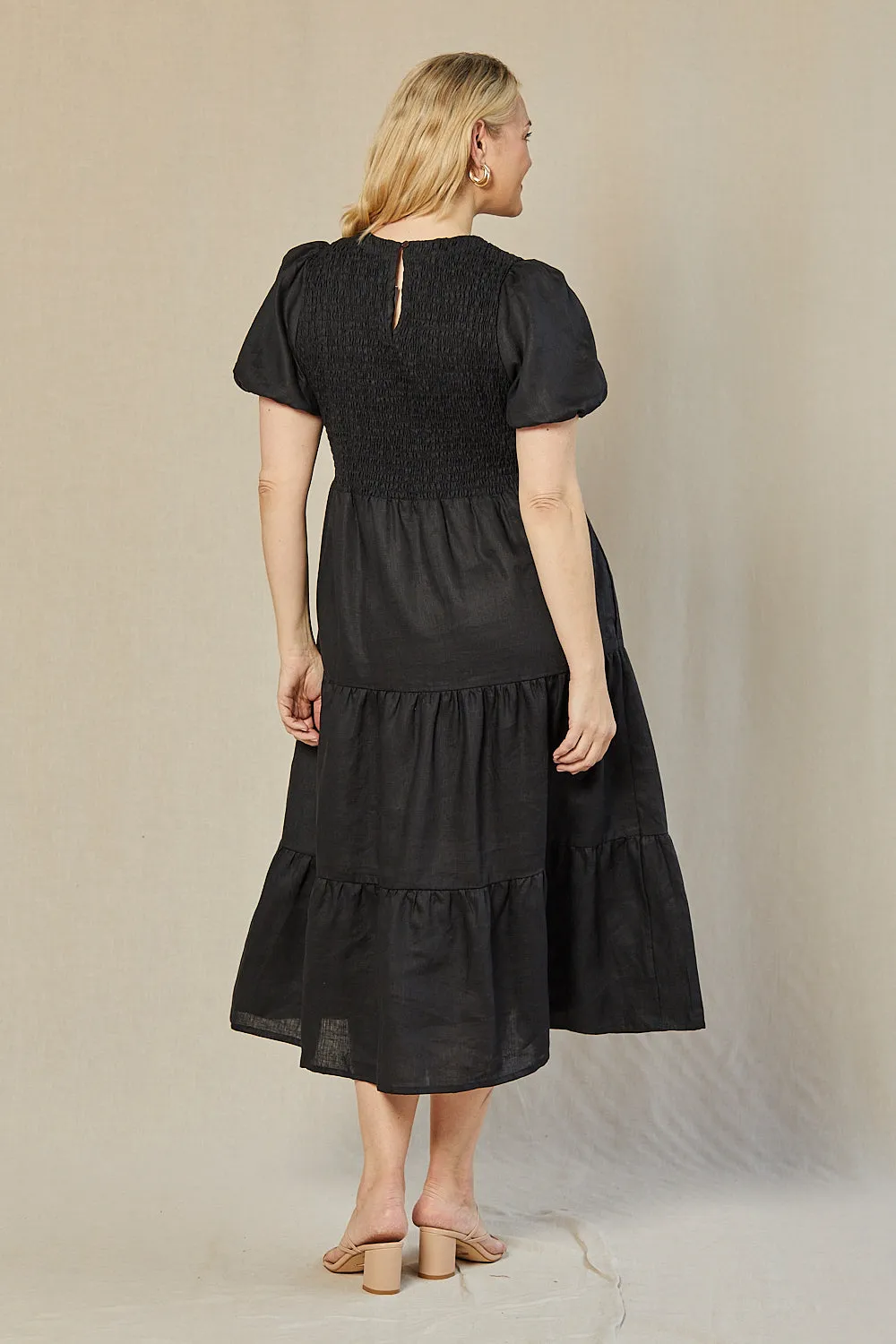 Minden Linen Shirred Short Sleeve Dress in Black