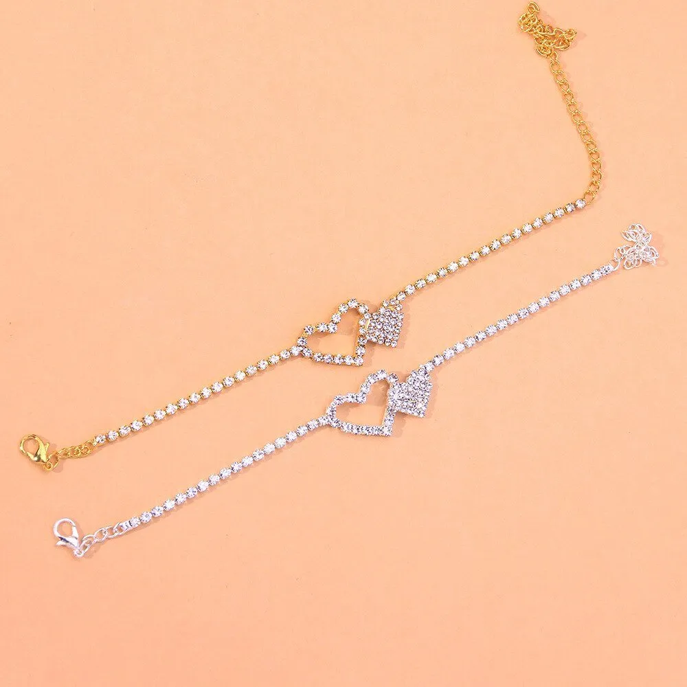 New Rhinestone Double Heart Anklets