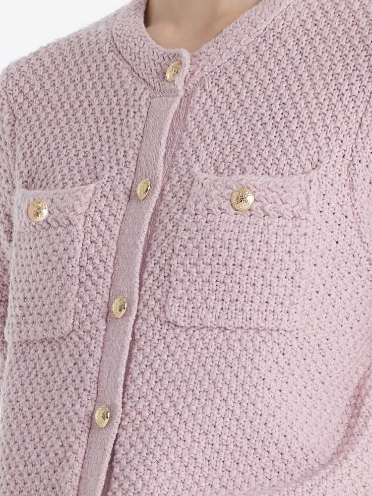 Openwork Round Neck Knitted Women Cardigan