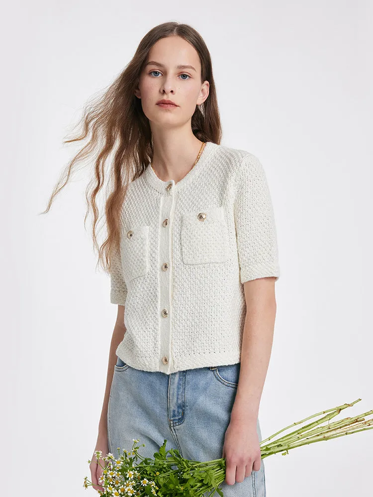 Openwork Round Neck Knitted Women Cardigan