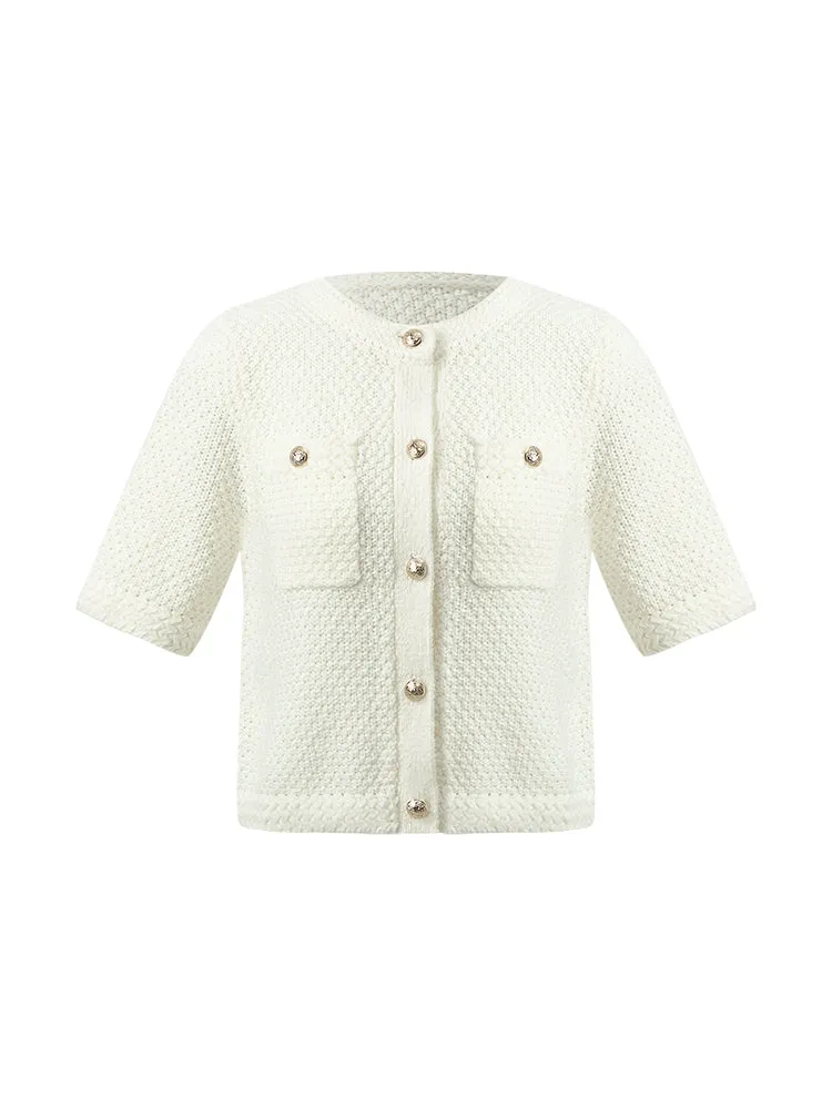 Openwork Round Neck Knitted Women Cardigan