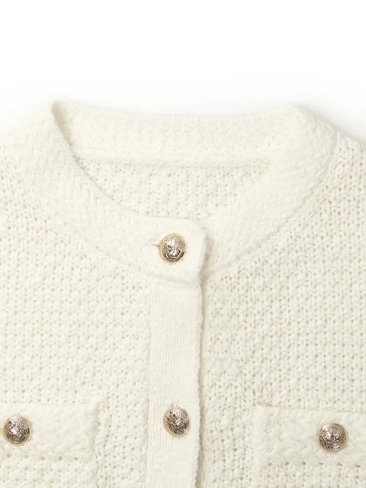 Openwork Round Neck Knitted Women Cardigan