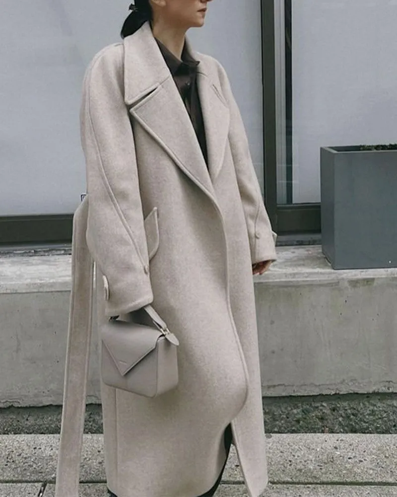 Overized Fit Tan Wool Camel Cashmere Long Coat Belted Overcoat