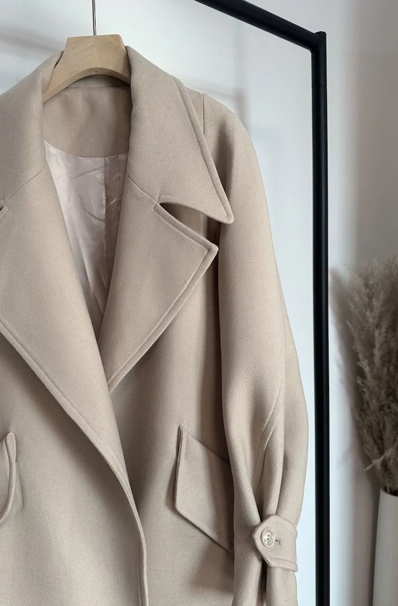 Overized Fit Tan Wool Camel Cashmere Long Coat Belted Overcoat