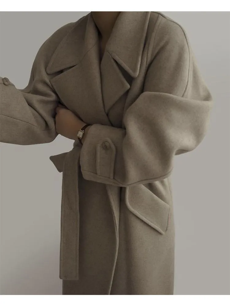 Overized Fit Tan Wool Camel Cashmere Long Coat Belted Overcoat