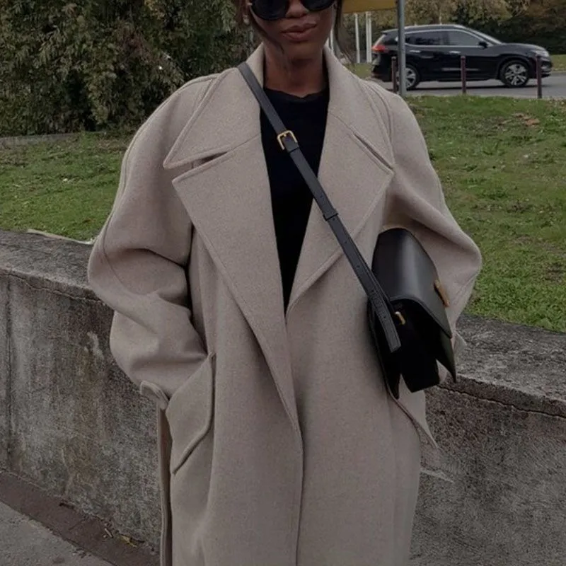 Overized Fit Tan Wool Camel Cashmere Long Coat Belted Overcoat