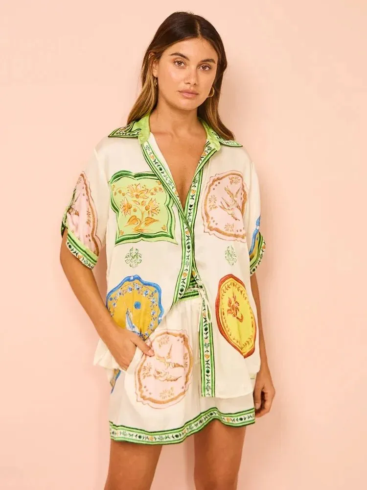 Printed Women Short-Sleeve Blouse Top & Loose Shorts | Summer Beach Outfits