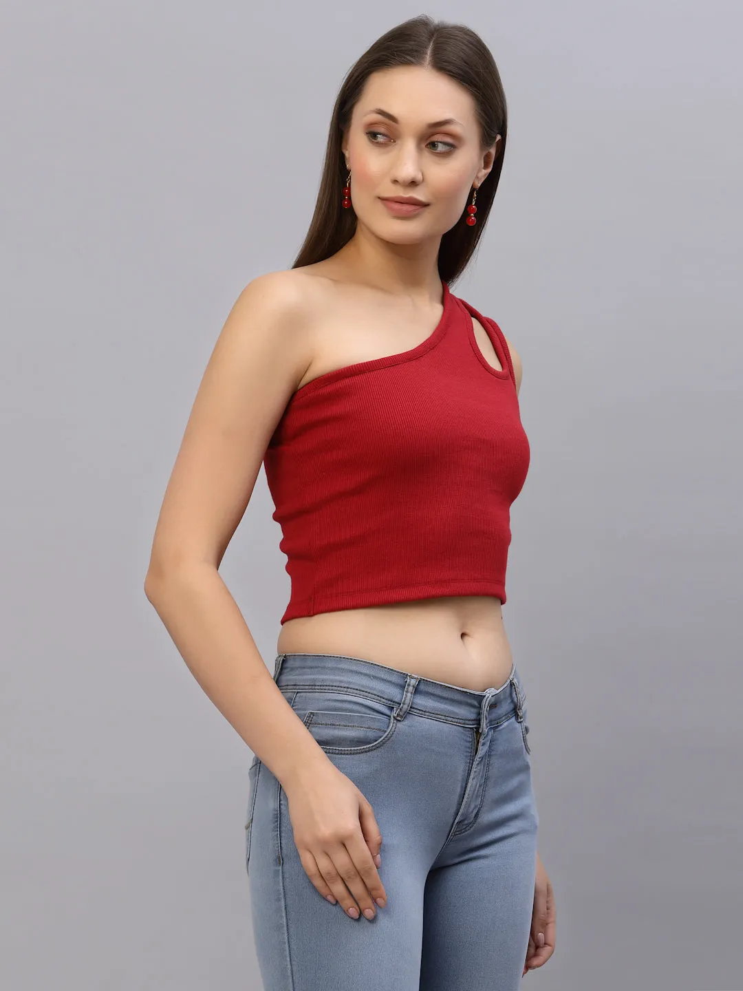 Red One Shoulder Ribbed Crop Top