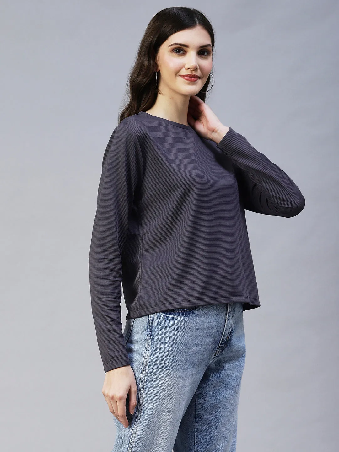 Round Neck Full Sleeves Poly Corduroy Top