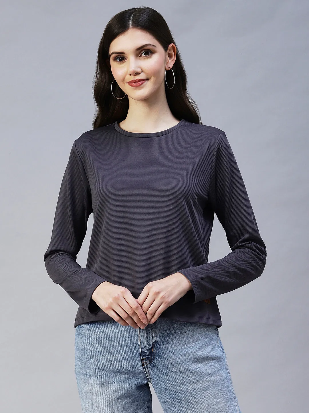 Round Neck Full Sleeves Poly Corduroy Top