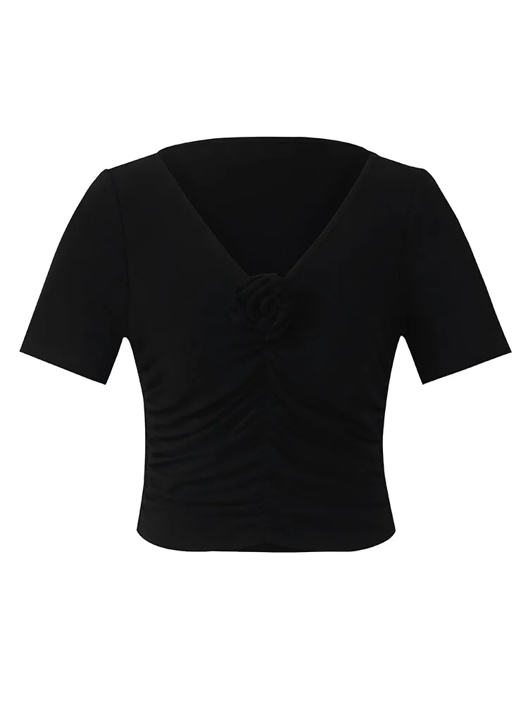 Ruched Women Knitted Top With Detachable 3D Rose